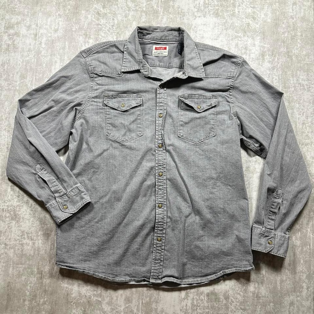 Wrangler Workshirt Shirt Mens XL Gray Pearl Snap Long Sleeve Denim Style Cotton